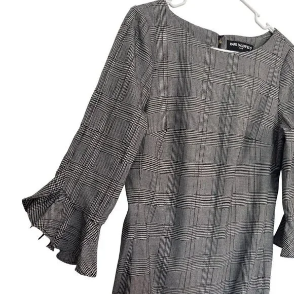 Karl Lagerfeld Sz 8 Plaid Ponte Knit Bell Ruffle Sleeve Sheath Dress Black White - Picture 3 of 8